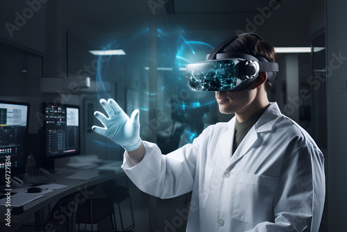 Medical professional wearing VR headset studying patients' report, virtual reality in healthcare, healthcare technology, medical data analysis, digital health