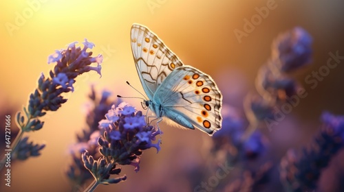 Nature's Palette at its Finest A Detailed Look at Colorful Butterflies and Violet Lavender Blossoms in a Natural Garden © Dinaaf