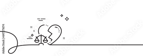 Divorce lawyer line icon. Continuous one line with curl. Justice scales sign. Marriage law symbol. Divorce lawyer single outline ribbon. Loop curve pattern. Vector