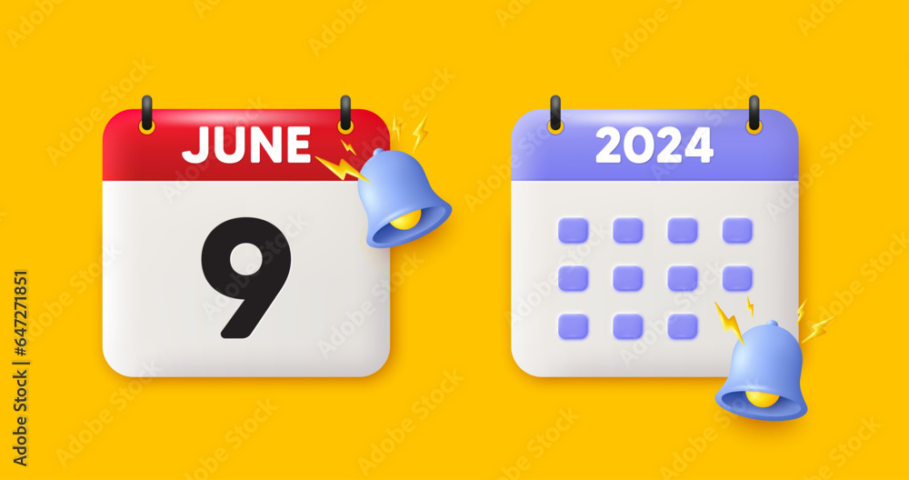 Calendar date 3d icon. 9th day of the month icon. Event schedule date. Meeting appointment time. 9th day of June month. Calendar event reminder date. Vector Calendar date 3d icon. 9th day of the month icon. Event schedule date. Meeting appointment time. 9th day of June month. Calendar event reminder date. Vector