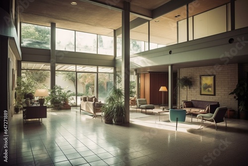High-resolution interior of a mid-century modern building with technology. Generative AI