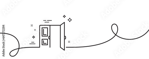 Open door line icon. Continuous one line with curl. Entrance doorway sign. Building exit symbol. Open door single outline ribbon. Loop curve pattern. Vector