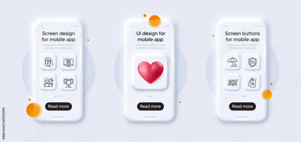 Discount tags, Cleaning and Help app line icons pack. 3d phone mockups with heart. Glass smartphone screen. Copyright laptop, Shield, Risk management web icon. Repair, Shields pictogram. Vector