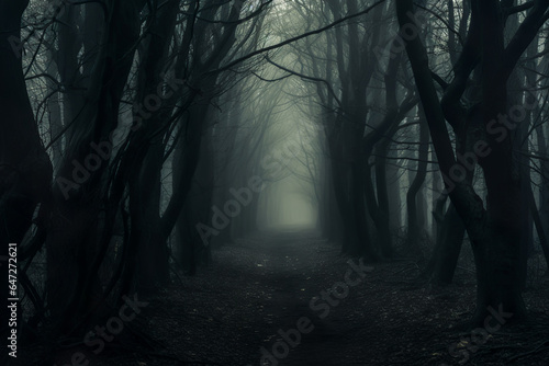 Misty forest in the evening. Spooky  Halloween concept.