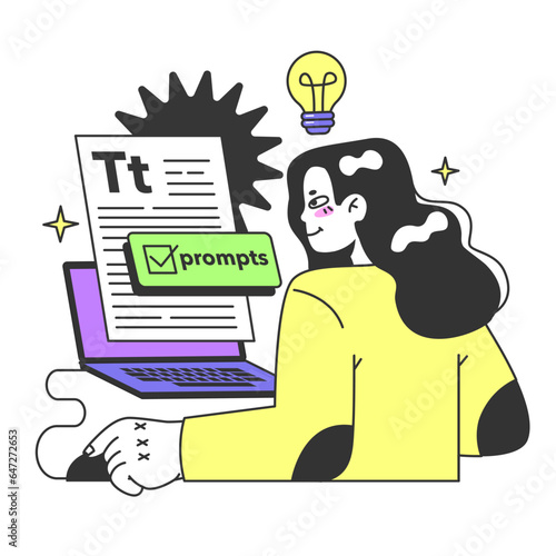 Young female prompt-engineer writing a prompt to a artificial neuron