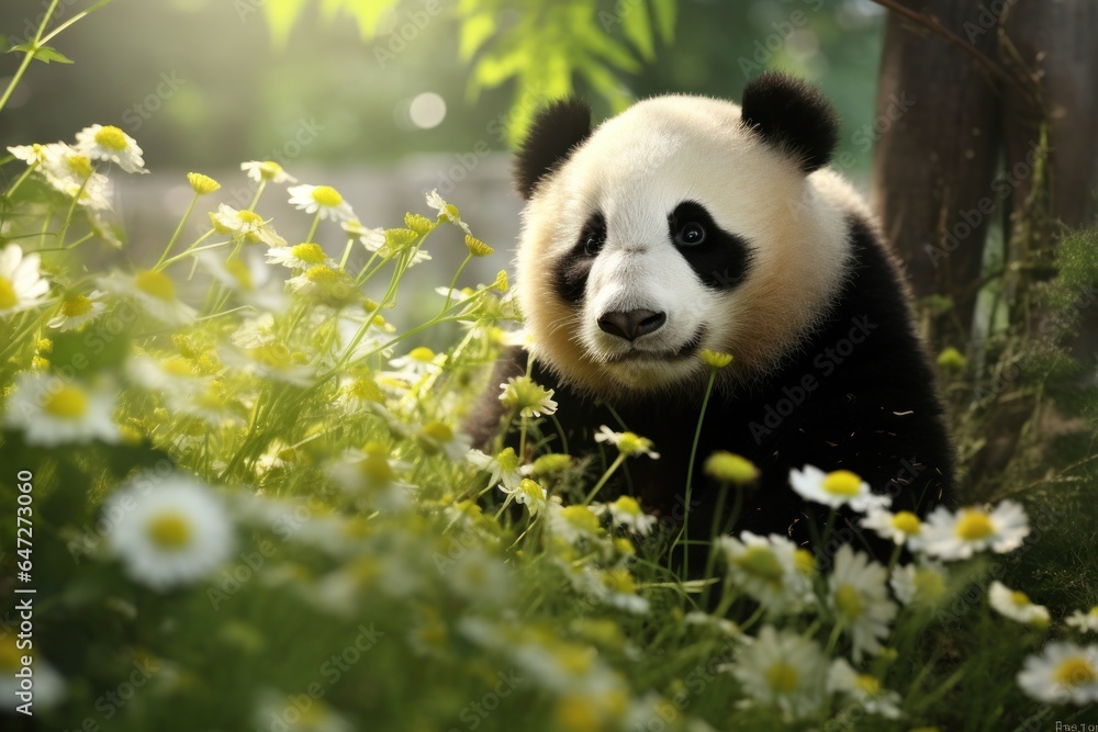 Obraz premium A panda bear sits peacefully in a field of colorful flowers. This image captures the beauty and serenity of nature. Perfect for nature enthusiasts or anyone looking for a calming and peaceful image.