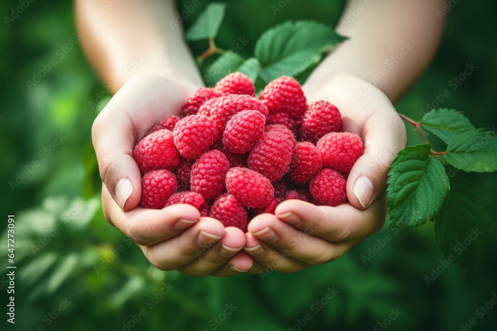 A person holding a bunch of raspberries in their hands. This image can be used to showcase fresh fruit, healthy eating, or cooking with raspberries. A person holding a bunch of raspberries in their hands. This image can be used to showcase fresh fruit, healthy eating, or cooking with raspberries.