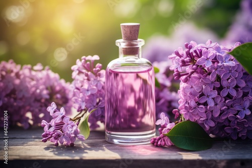 A bottle of perfume is elegantly displayed next to a beautiful bunch of purple flowers. This image can be used to represent luxury, beauty, and the power of scent in various creative projects.