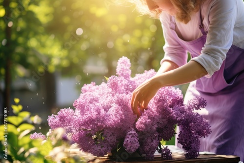 A woman in an apron carefully arranging a beautiful bunch of flowers. Perfect for floral arrangements, gardening, or home decor projects.