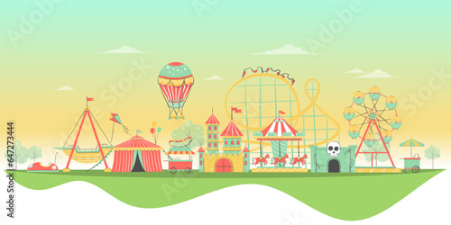 Amusement Park, urban landscape with carousels, roller coaster and air balloon. Circus, Fun fair and Carnival theme vector illustration.
