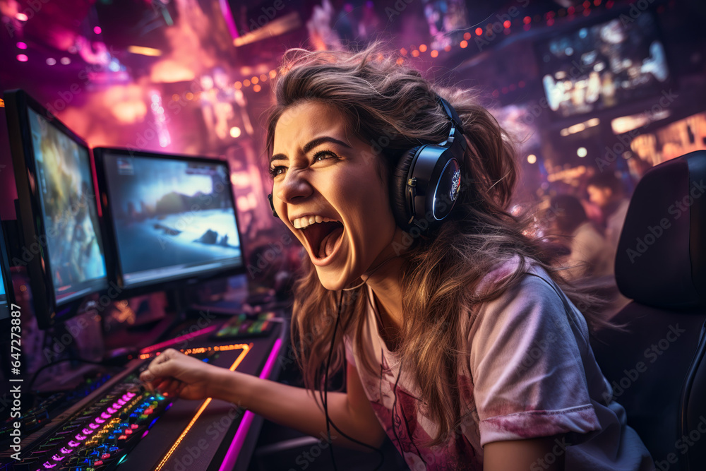 Girl behind the monitor is happy to win an cybersports game competition Girl behind the monitor is happy to win an cybersports game competition