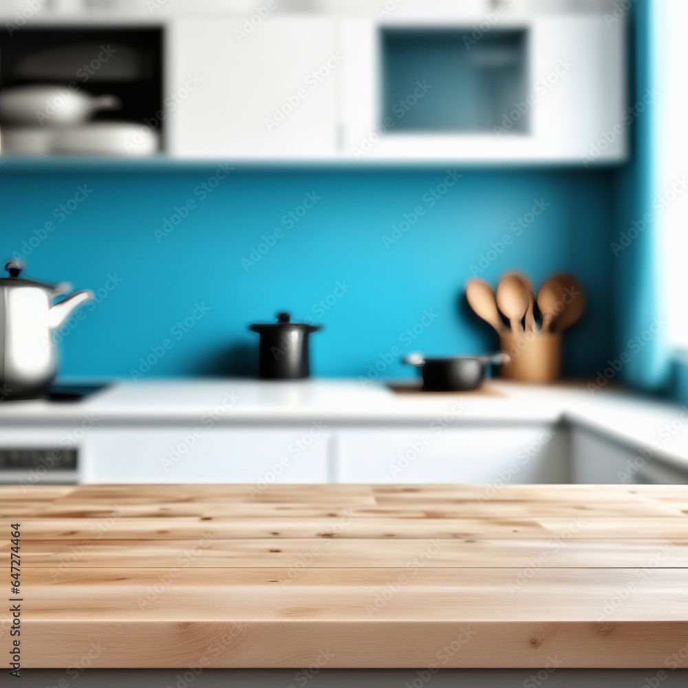 Fototapeta premium Empty kitchen table and blurred kitchen background