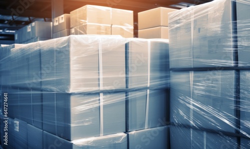 Cardboard boxes on a pallet wrapped in plastic wrap ready for delivery in a warehouse, logistics warehouse delivery concept background, Generative AI