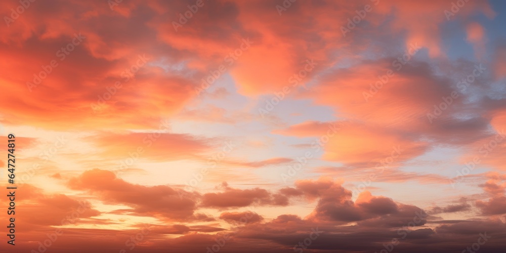 Panoramic landscape of bright red orange sunrise sunset as texture background as template, page or web banner, Generative AI