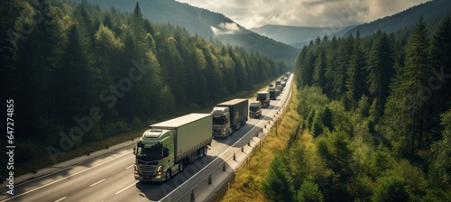 Group of delivery truck at highway. Cargo courier transport concept. Motion blur road background. Generative AI technology.	
