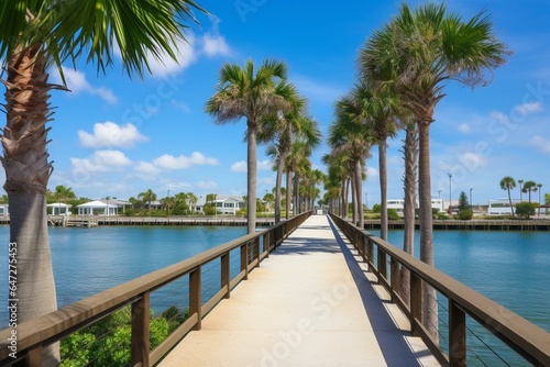 Waterfront walkway with palm trees, sunny day, bridge in background near downtown Fort Pierce, FL. Generative AI photo