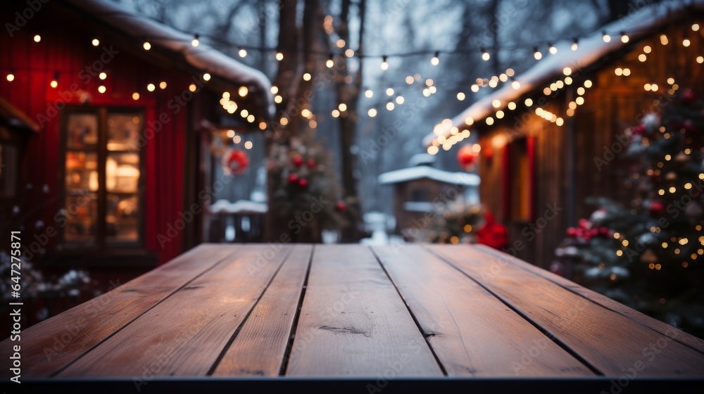 Empty wooden table with a festive Christmas Empty wooden table with a festive Christmas