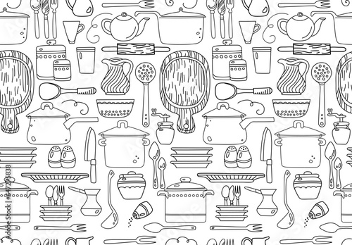 Seamless pattern with kitchen utensils on white background. Vector illustration