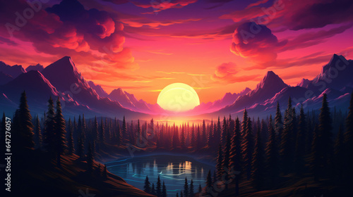 Beautiful forest landscape with a sunset synth wave