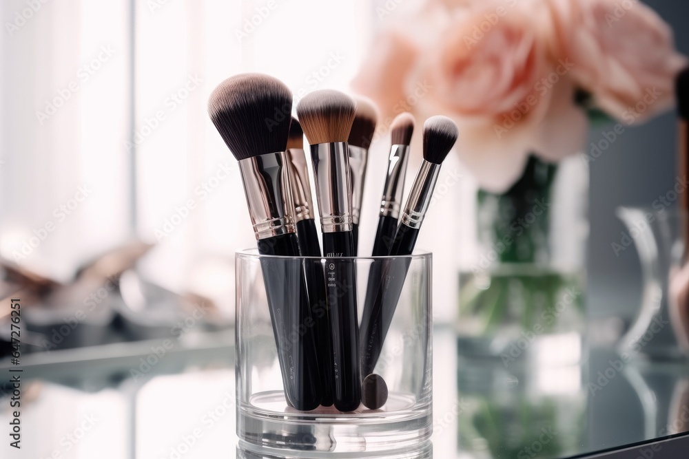 Makeup brushes in a glass. Clean professional makeup brushes set for make-up artist, cosmetics, make up theme. Generative AI - obrazy, fototapety, plakaty 