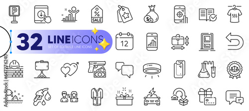 Outline set of Undo, Entrance and Speech bubble line icons for web with Parking, Selfie stick, Annual calendar thin icon. Build, Winner, Car charging pictogram icon. Bathrobe. Vector