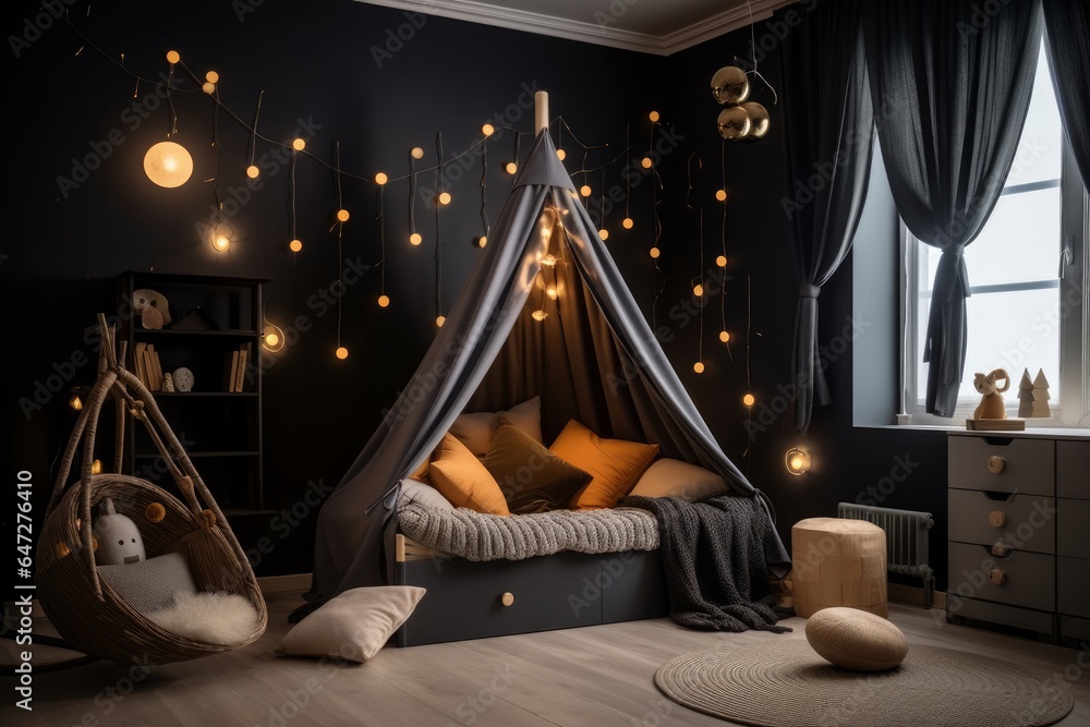 Kids bedroom in dark colors. Cozy kids room interior, scandinavian nordic design with light garlands and soft pillows, tent canopy bed. Children room in evening with lights on. Generative AI - obrazy, fototapety, plakaty 