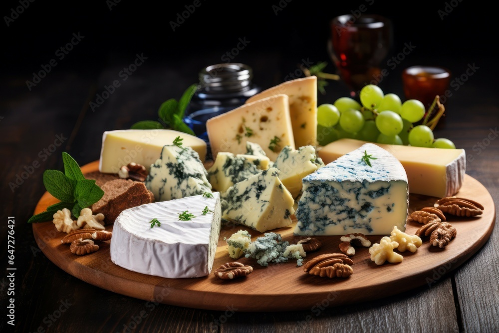 A delicious platter of cheese, nuts, and grapes. Perfect for a party or gathering. Ideal for food and beverage related projects.