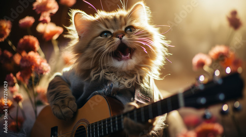 Cute cat playing guitar in a warm room