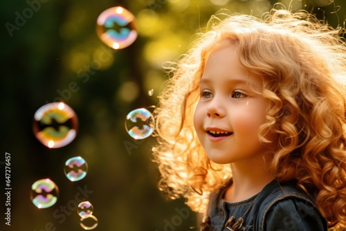 A delightful image of a little girl joyfully playing with soap bubbles. Perfect for illustrating childhood, happiness, and innocence. Ideal for use in advertisements, blogs, and children-related mater