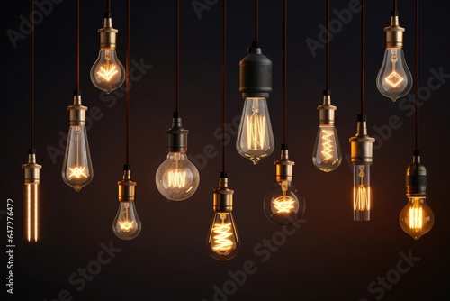 Decorative antique Edison style light bulbs, different shapes of retro lamps on dark background. Cafe or restaurant decoration details. Set of vintage, Generative AI