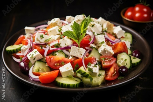 A plate of fresh and vibrant salad consisting of crisp cucumbers  juicy tomatoes  flavorful onions  and creamy feta cheese. Perfect for a healthy meal or as a refreshing side dish for any occasion.