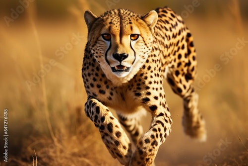 A cheetah running at high speed across a dry grass field. Perfect for nature and wildlife themes.
