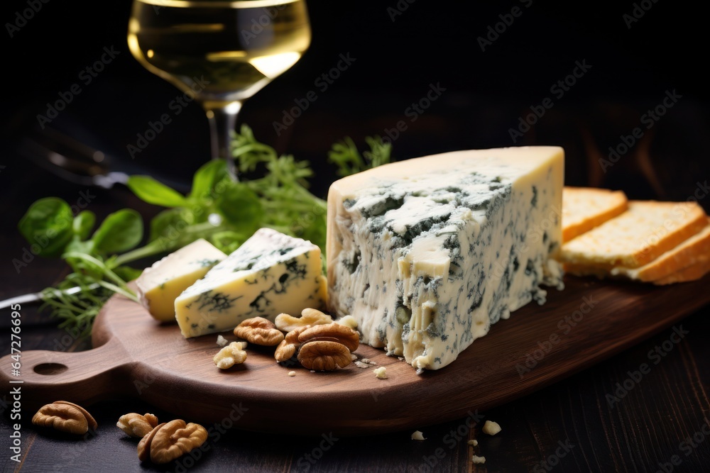 A wooden cutting board with a variety of cheese and nuts arranged on top. This image can be used for food blogs, recipe websites, or cooking-related articles.