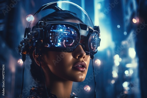 A woman wearing a futuristic helmet and goggles. This image can be used to depict technology  innovation  or futuristic concepts.