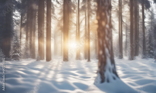 Winter fir tree forest with snow and sunlight bokeh