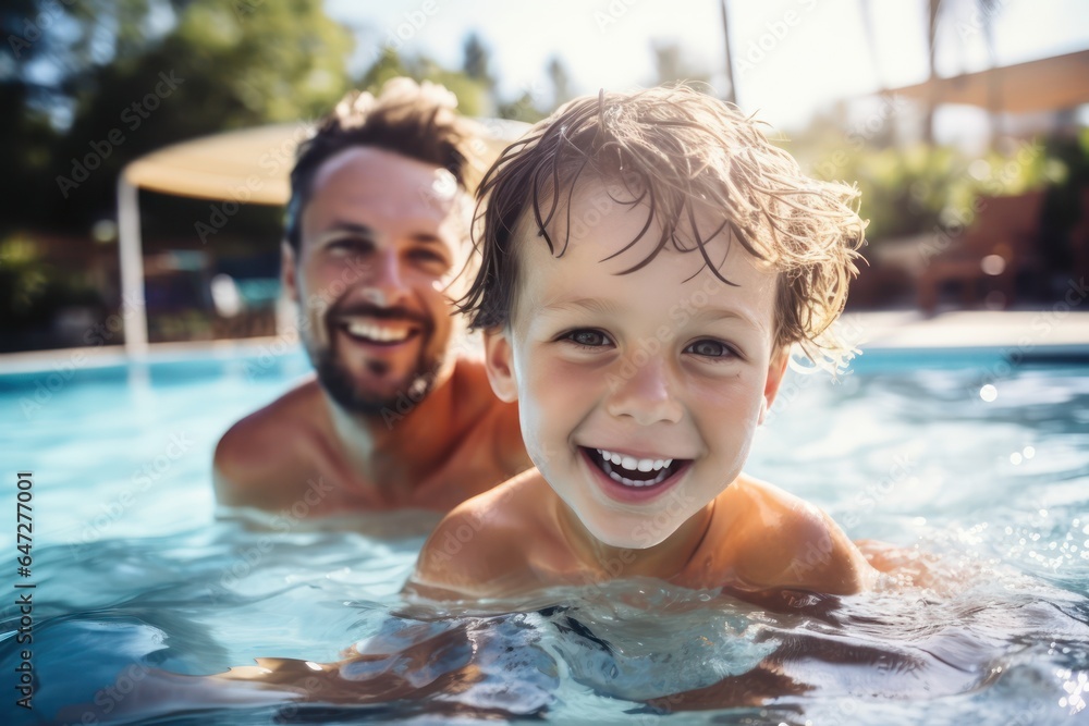Happy father with young son swim in a pool of warm clear water on vacation. Satisfied child learns to swim with his mother in the pool, close-up Happy father with young son swim in a pool of warm clear water on vacation. Satisfied child learns to swim with his mother in the pool, close-up