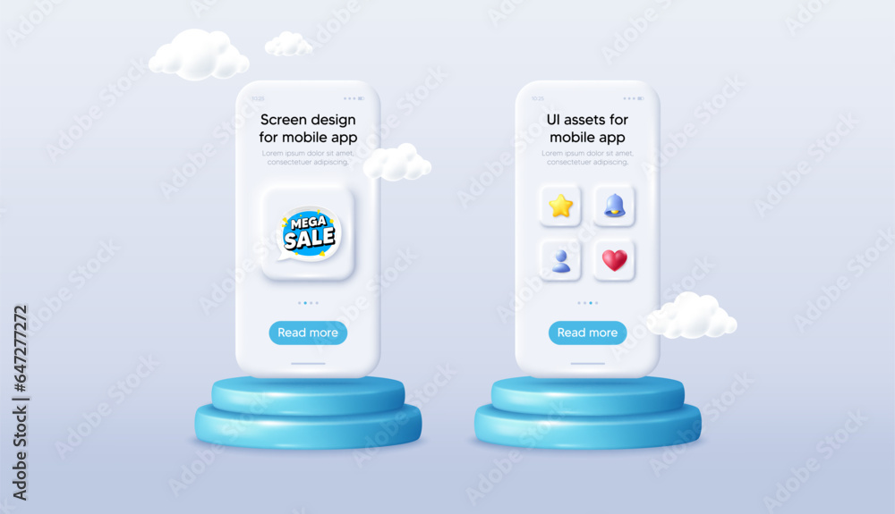 Mega sale bubble. Phone mockup on podium. Product offer 3d pedestal. Discount banner shape. Coupon sticker icon. Background with 3d clouds. Mega sale promotion message. Vector Mega sale bubble. Phone mockup on podium. Product offer 3d pedestal. Discount banner shape. Coupon sticker icon. Background with 3d clouds. Mega sale promotion message. Vector