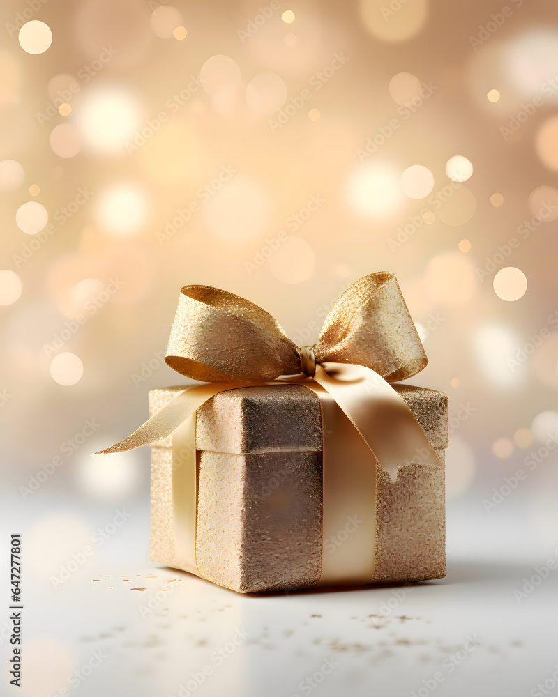 A beautiful gold Christmas present on a solid color background - festive glitter and ribbons design A beautiful gold Christmas present on a solid color background - festive glitter and ribbons design