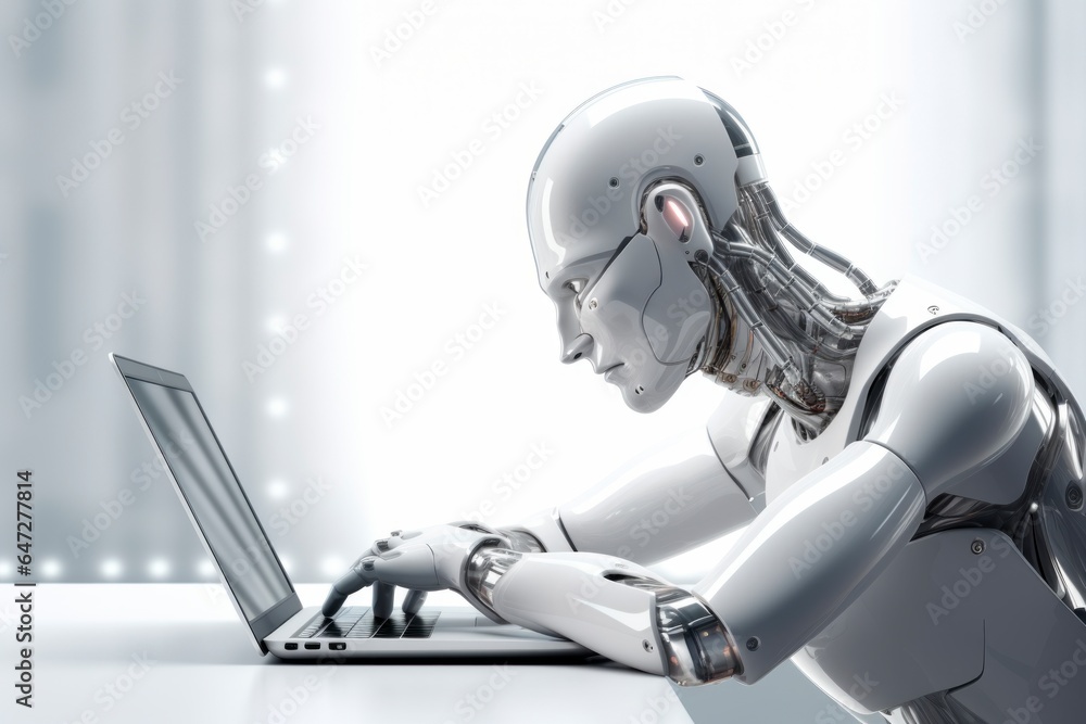 futuristic robot android working on a laptop futuristic robot android working on a laptop