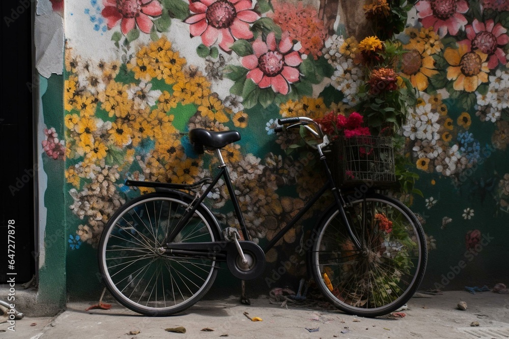 A bike next to a painted wall with flowers on the back. Generative AI