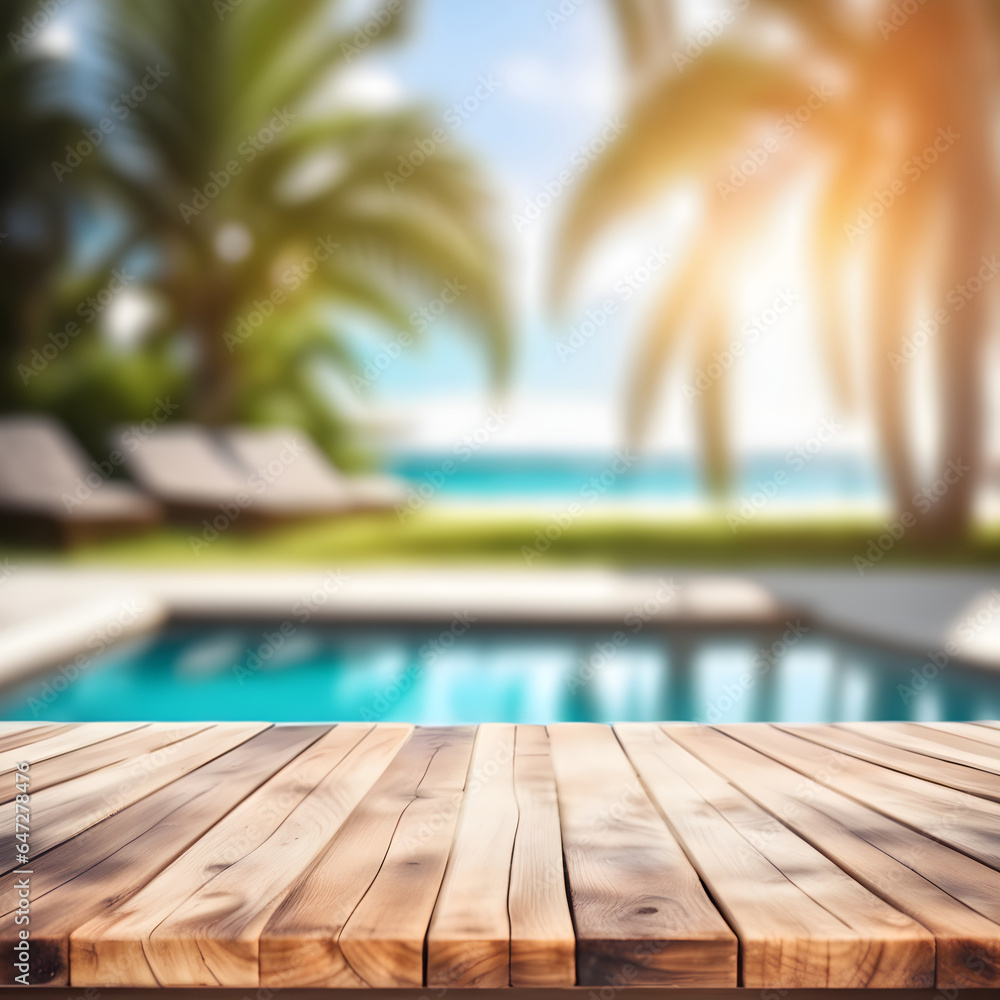 Empty wooden table, blurred summer sea background with copy space for your product Empty wooden table, blurred summer sea background with copy space for your product