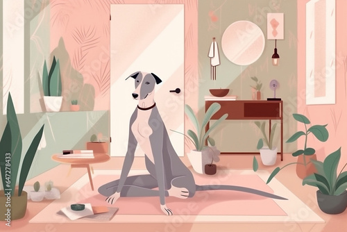 dog woman yoga cartoon workout fitness home training body sport lifestyle. Generative AI.