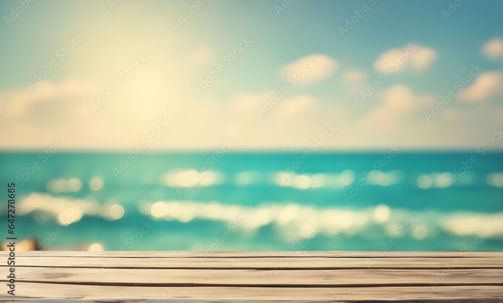 Empty wooden table, blurred summer sea background with copy space for your product Empty wooden table, blurred summer sea background with copy space for your product