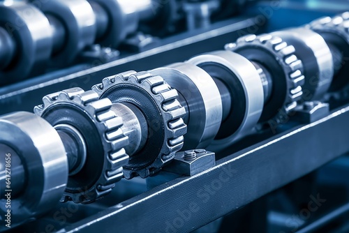 Gear chain drive shaft in conveyor belt is on production line. Timing chain of car, tensioners in engine. Industrial roller chain, technology. Team work, business industrial, Generative AI photo