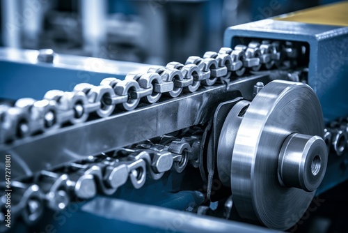 Gear chain drive shaft in conveyor belt is on production line. Timing chain of car, tensioners in engine. Industrial roller chain, technology. Team work, business industrial, Generative AI photo