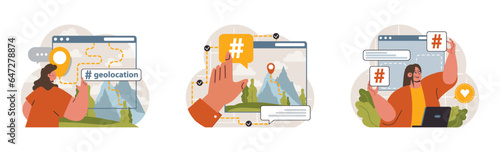 Hashtag set. Character using digital device for sending posts and sharing
