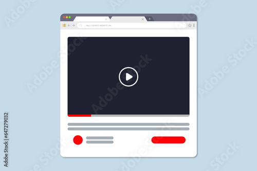 Video player in a flat style. Isolated vector for tablets. Video player template for tablet. Website template design. Mockup for web site design.