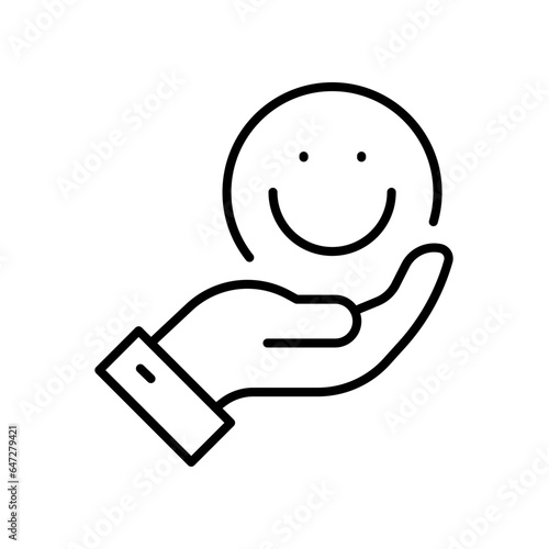 Stress free icon. Simple outline style. Hand and smile face, good service, happy, life, health, success, face, funny, care, emotion concept. Thin line symbol. Vector illustration isolated.