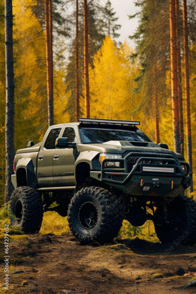 Obraz premium Offroad truck jeeep is in the image. Truck has big tires and trees at background