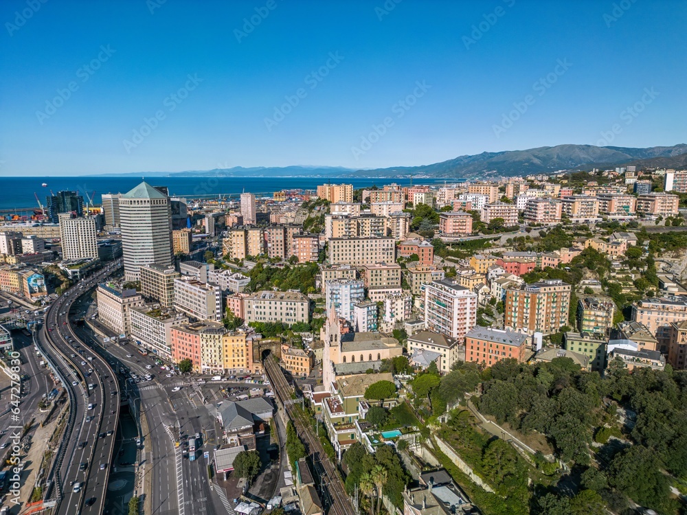 The drone aerial view of San Benigno, Genoa, Italy. San Benigno is a modern business district and services in the municipality of Genoa.